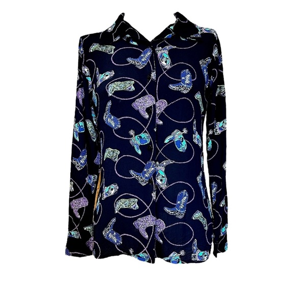 Lady Reiner Medium Black Long Sleeve Button Up Western Cowgirl Shirt Lasso Boots - Picture 1 of 6